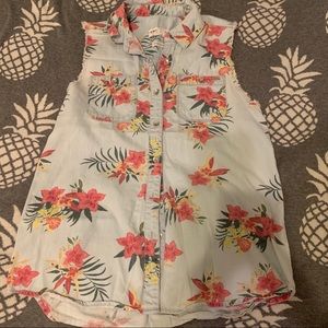 Bullhead Tropical Floral Denim Cut Off Tank